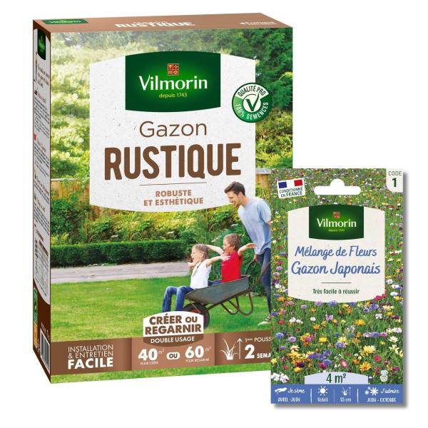 Rustique - Gazon Rustique - 1 kg + Gazon Japonais - 4 m² - Mélange de fleurs - face recto